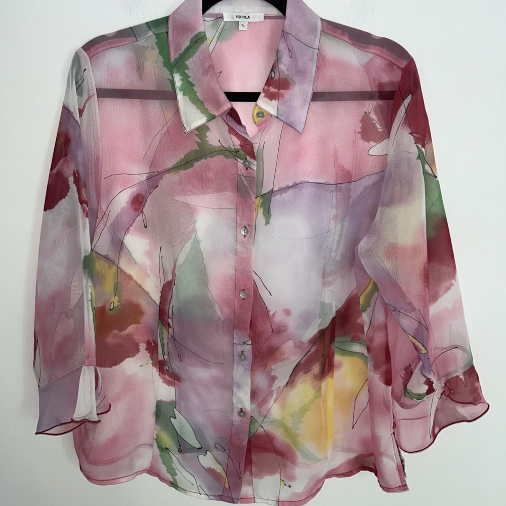 Nicola Women's Large Pink Watercolor Floral Sheer Ruffle Cuff Button Down Blouse